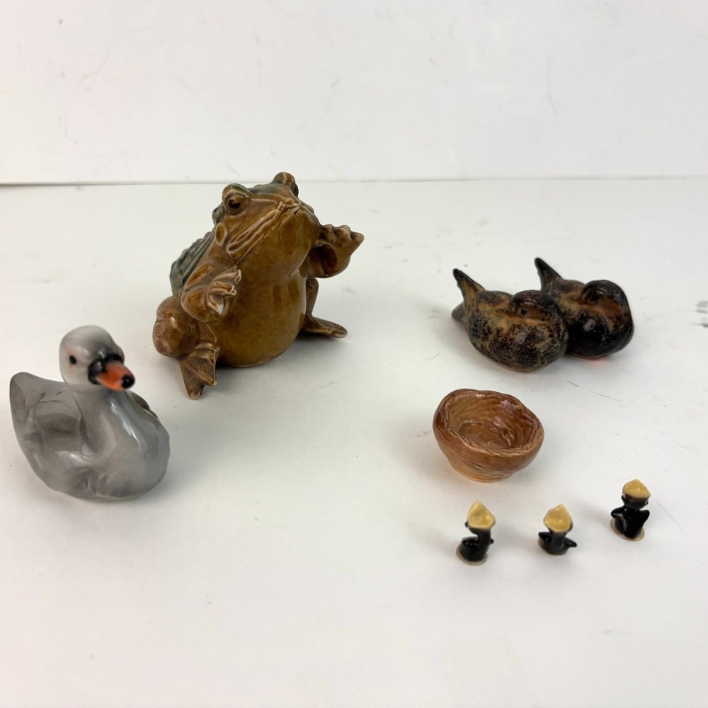 Vintage Miniature Animal Figurine Lot Frog Duck Birds Nest Chicks Japan